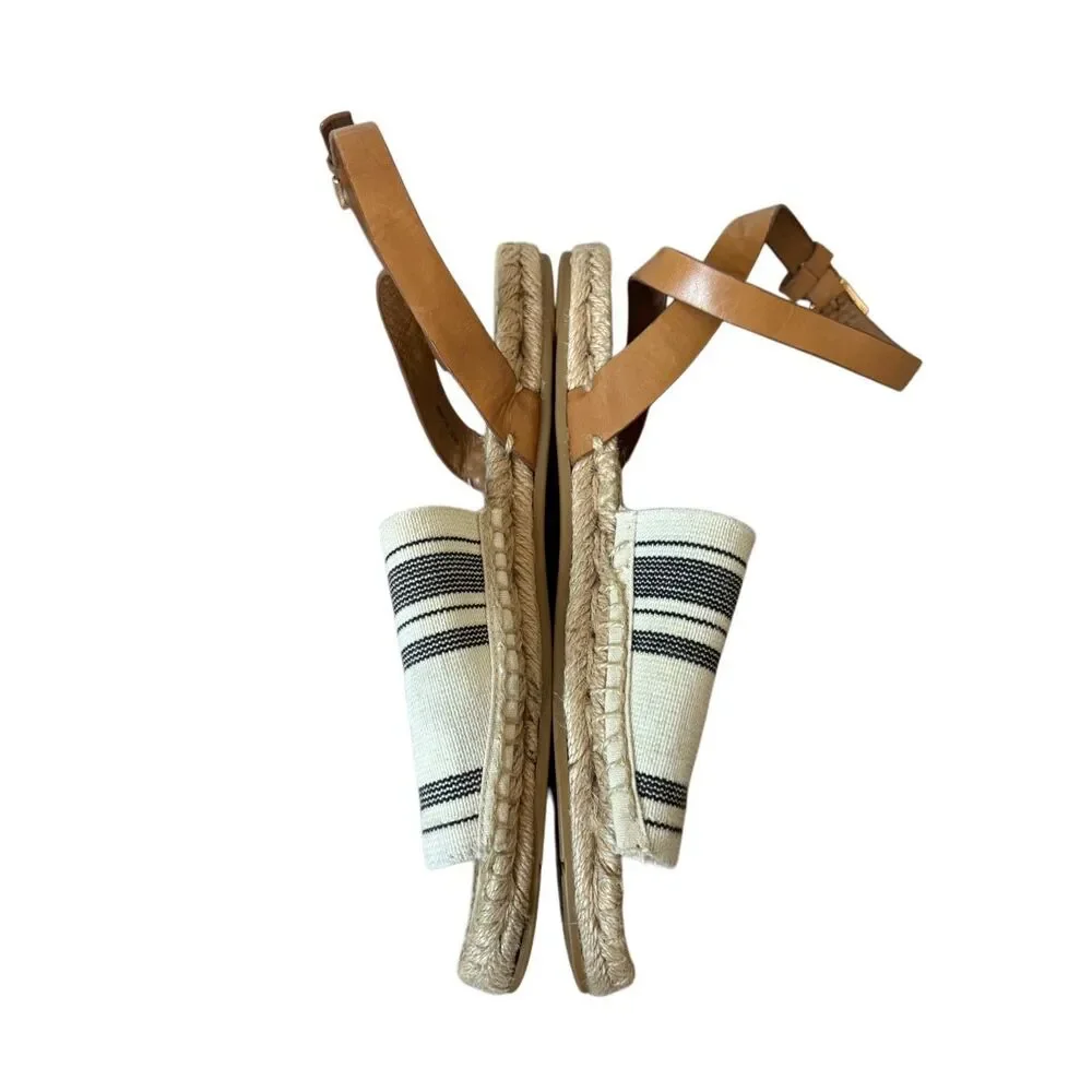 Tory‎ Burch Womens Awning Striped Ivory Blue Espadrilles Sandals Shoes 8